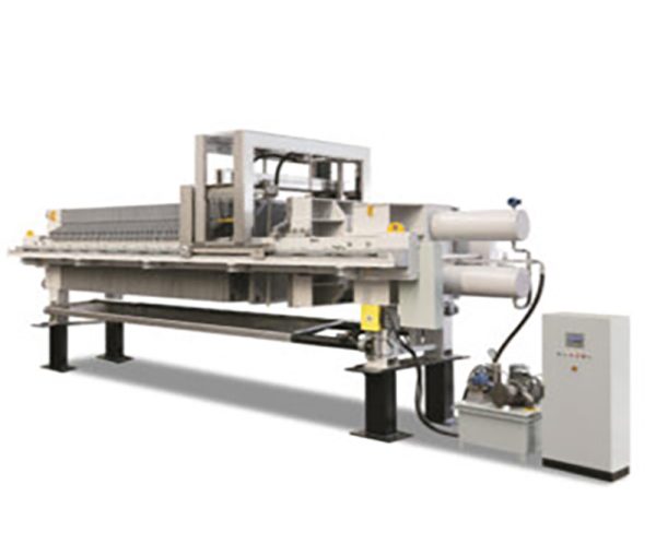 Automatic hydraulic membrane filter press with cloth washing system and automatic drip tray system